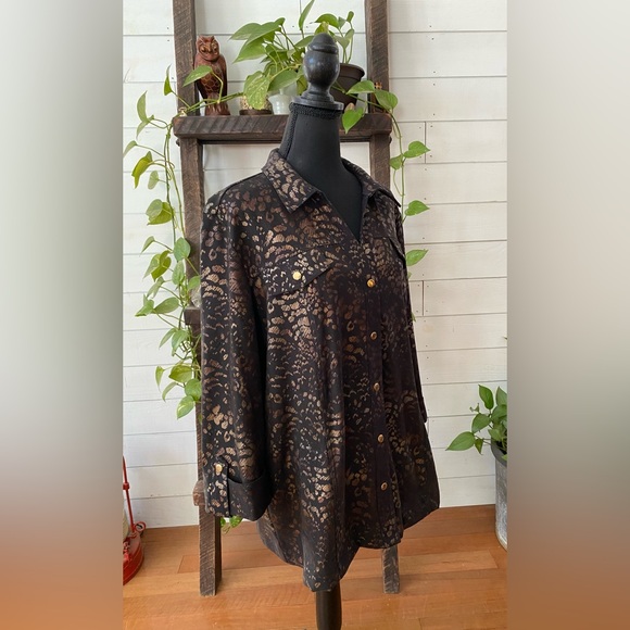 JM Collection: Black and Brown Animal Print  Jacket with Cuffed Sleeves - Picture 7 of 17